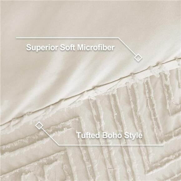 King Size Comforter Set Beige, 3 Pieces Cream Tufted Boho Farmhouse - Picture 6 of 8